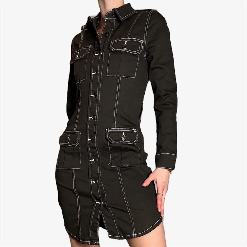 Black denim button-up dress long sleeve fitted white stitching size XS NY&Co